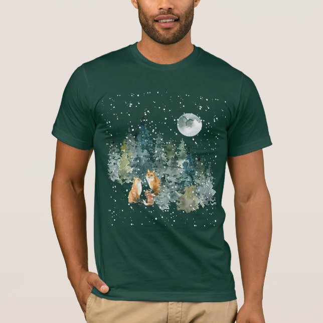 Camiseta Floresta da Família de Raposas Neve sob Lua Cheia (Frente)