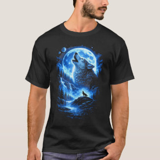 Camiseta Floresta da Lua Azul Uivando Lobo Cachoeira Céu No