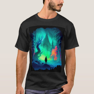 Camiseta Floresta de Gelo Mágica com Aurora Boreal no Ártic