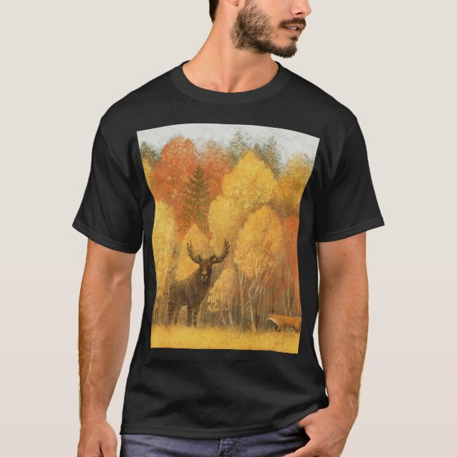 Camiseta Floresta de outono, cervo digital e raposa. (Frente)