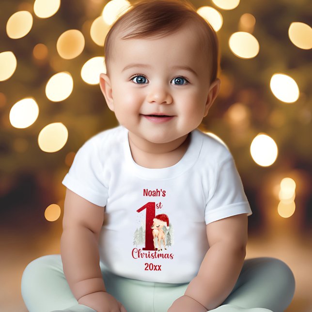 Camiseta Floresta de Veado de 1rua de Natal (1st Christmas Cute Deer Forest Baby T-Shirt)