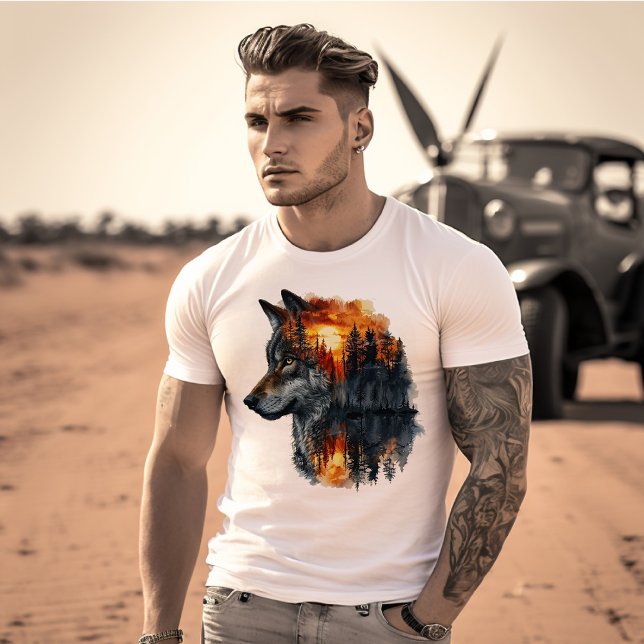 Camiseta Floresta do pôr do sol & Lobo Exposição Dupla (Criador carregado)