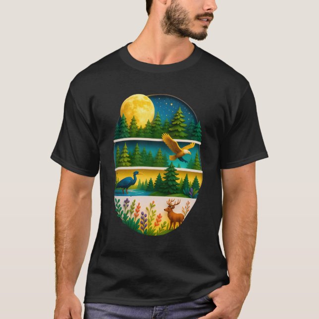 Camiseta Floresta Selvagem Estilo Retro Lua Veado (Frente)