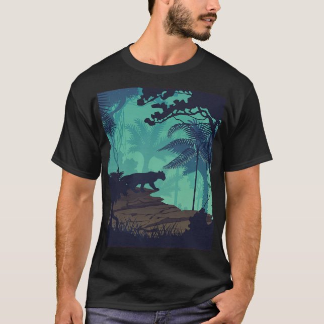 Camiseta Floresta tropical, fundo da noite de onça. (Frente)