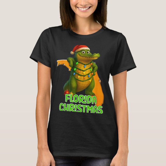 Camiseta Florida Christmas Alligator Wearing Santa Hat Vaca (Frente)