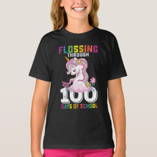 Camiseta Flossing Através de 100 Dias de Unicórnio Escolar