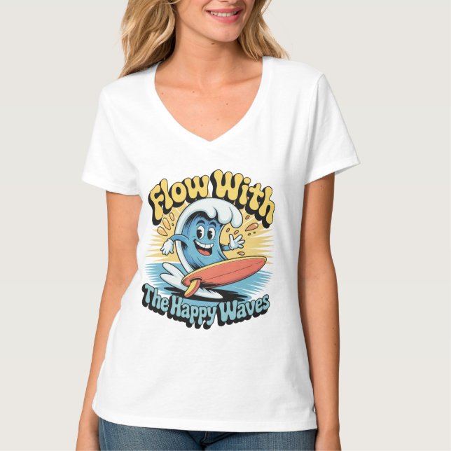Camiseta Flow With The Happy Waves Retro Surf Vibes Women's (Frente)