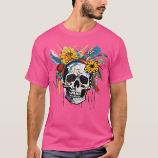 Camiseta Flower Skull Punk Pop Contemporâneo Fl Grafite Art