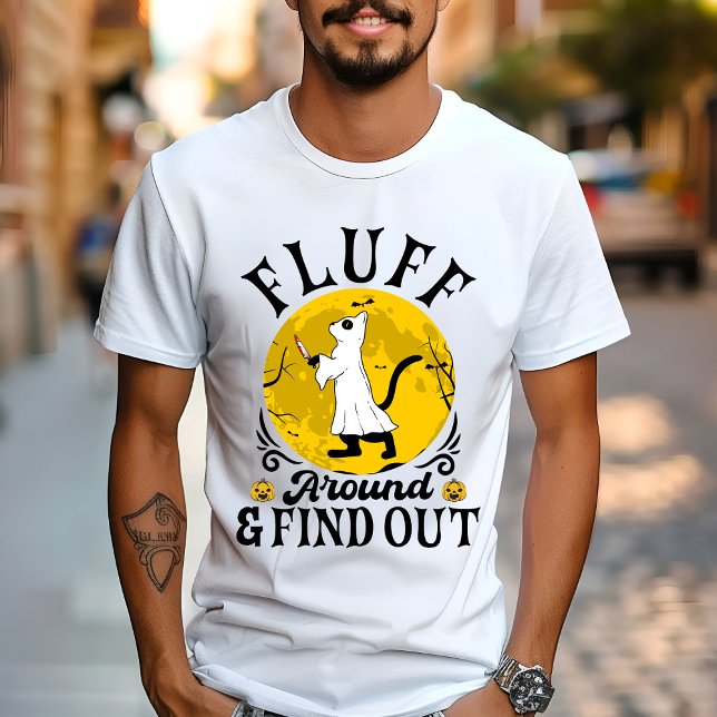 Camiseta Fluff Around e Descubra, Halloween Gato Assustador (Criador carregado)
