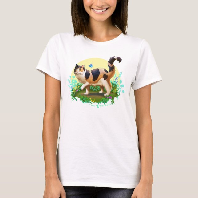 Camiseta Fluffy Calico Cat com borboleta (Frente)