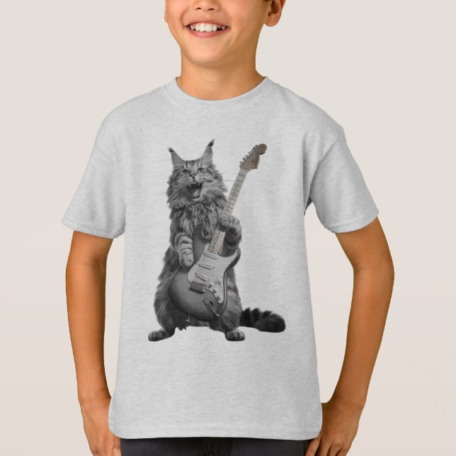 Camiseta Fluffy Feline Rocker | Long-Haired Cat Guitarist (Frente)