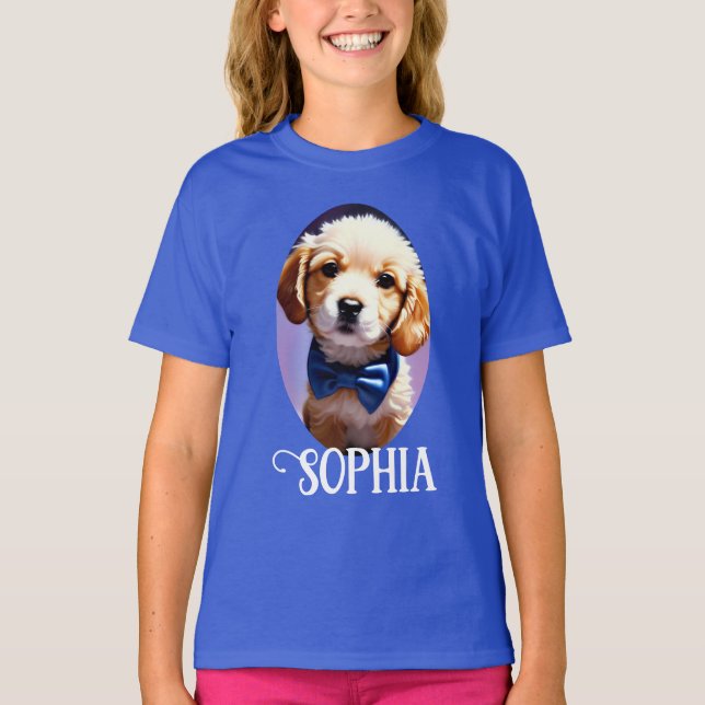 Camiseta Fluffy Puppy Adorável w Arco azul (Frente)