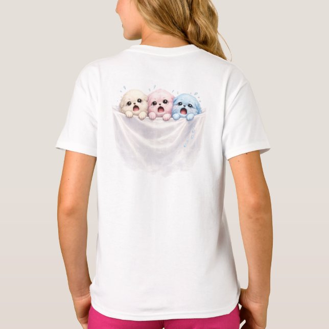 Camiseta Fluffy Trio in Panic – Cute Pastel Creatures  (Verso)