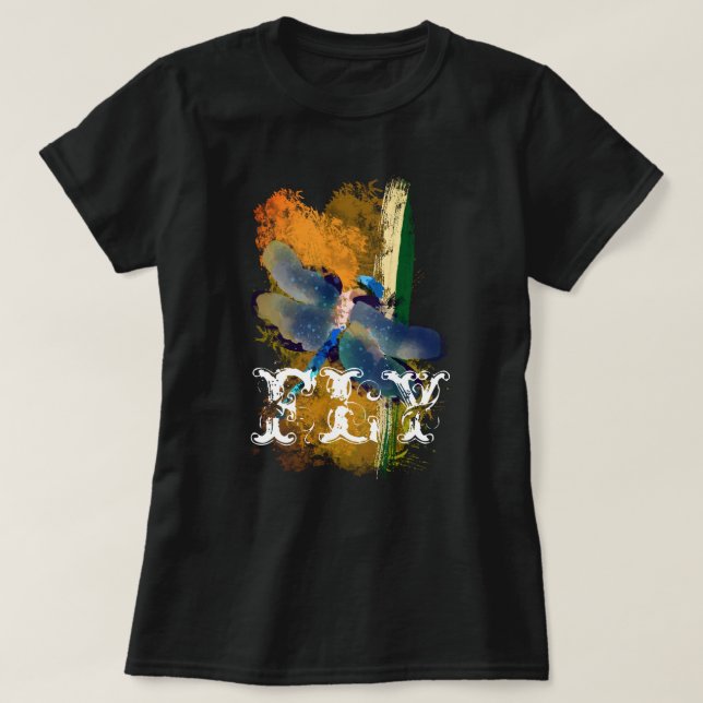 Camiseta "FLY" Pintura de Dragonfly Azul Roxo (Frente do Design)