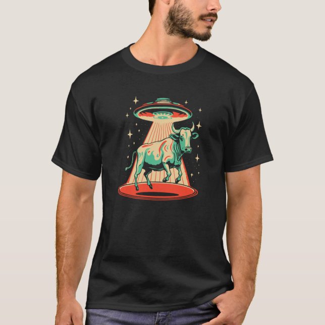 Camiseta Flying Saucer UFO Cute Cow Abduction Retro 80s (Frente)