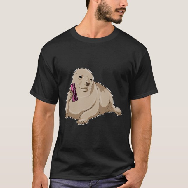 Camiseta Foca como cabeleireira com pente (Frente)