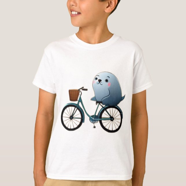 Camiseta Foca de desenho animado fofa em uma bicicleta (Frente)