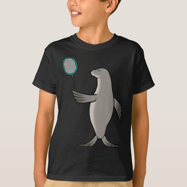 Camiseta Foca Jogando Badminton Hobby Esportes  (Frente)