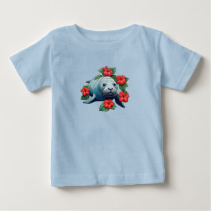 Camiseta Foca-Monge Havaiana e Flores de Hibisco Vermelho