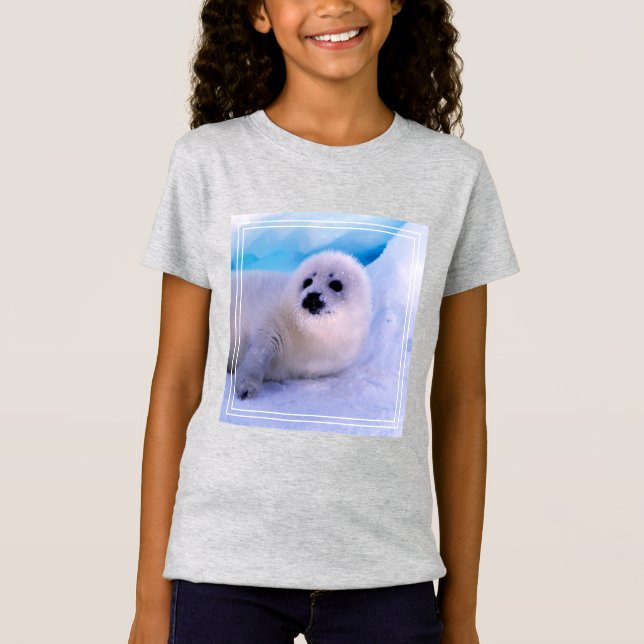 Camiseta Foca Pequena Harpa Coberta de Flocos de Neve (Frente)