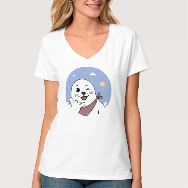 Camiseta Foca Piscando o Olho com Bandana Fazendo Sinal Sha (Frente)