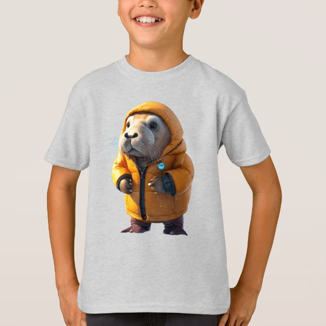 Camiseta Foca Simpática com Casaco Inflável Comendo Peixe (Frente)
