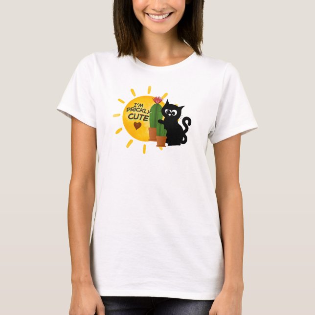 Camiseta fofa com gato preto e cacto (Frente)