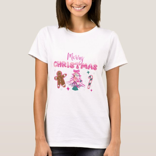 Camiseta Fofa Feliz Natal Design de Biscoito de Gengibre e  (Frente)