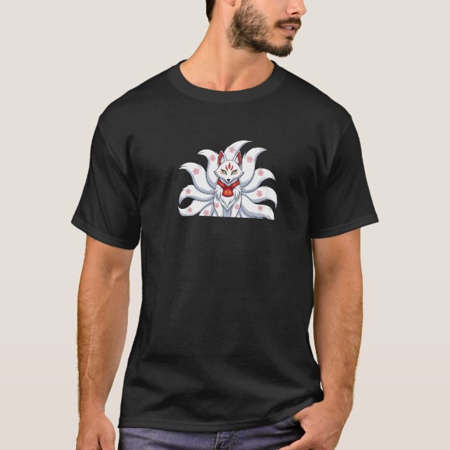 Camiseta Fofa Kitsune Japonês de Nove Caudas com Sakura (Frente)