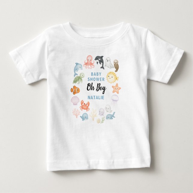 Camiseta Fofa Oceano Sob o Mar Festa de Bebê de Animais Mar (Frente)