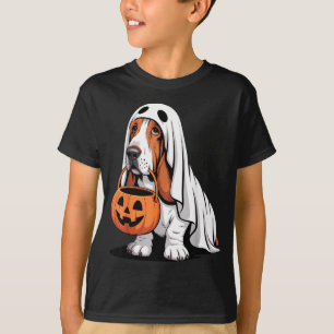 Camiseta Fofinho basset hound fantasia de fantasma com abób