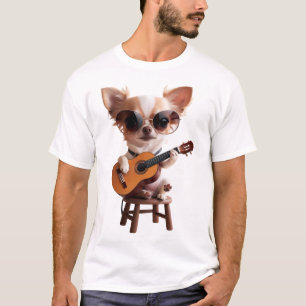 Camiseta fofo chihuahua tocando guitarra clássica desenho a