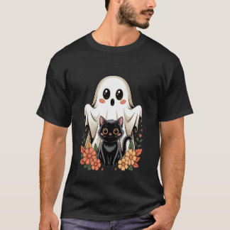 Camiseta Fofo Fantasma Retro Gato Preto Floral Halloween As