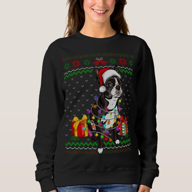 Camiseta Fofo feio Luz de Natal Boston Terrier Dog L (Frente)