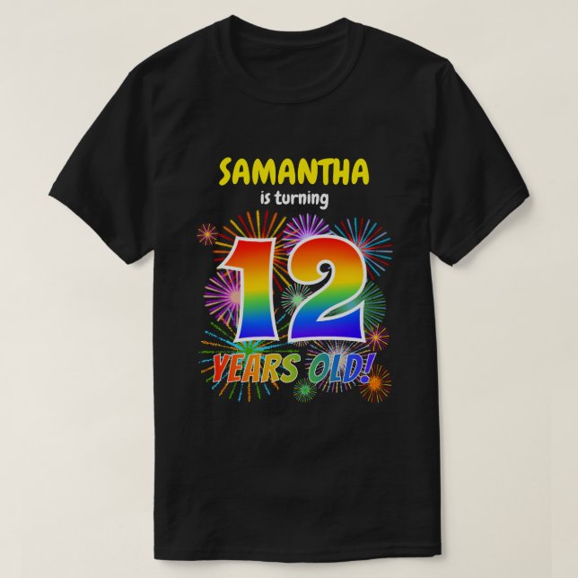 Camiseta Fogos de artifício divertidos, Rainbow Olha "12",  (Frente do Design)