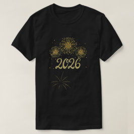 Camiseta Fogos de Artifício Dourados 2026 Design de Ano Nov