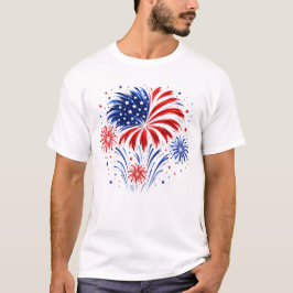 Camiseta Fogos de Artifício Vermelho Branco Azul 4 de Julho