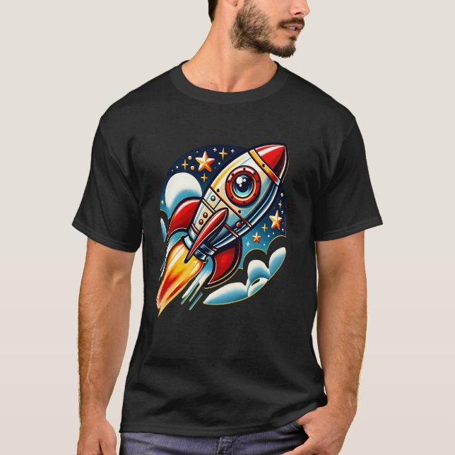 Camiseta Foguete Espacial. s Retro Decolagem s Espaço Sider (Frente)