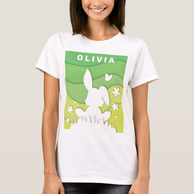 Camiseta Folha de coelho da Páscoa cortada primavera verde (Frente)
