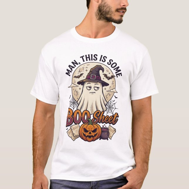 Camiseta Folha de Fantasma Abóbora Halloween Lua Caldeirão (Frente)