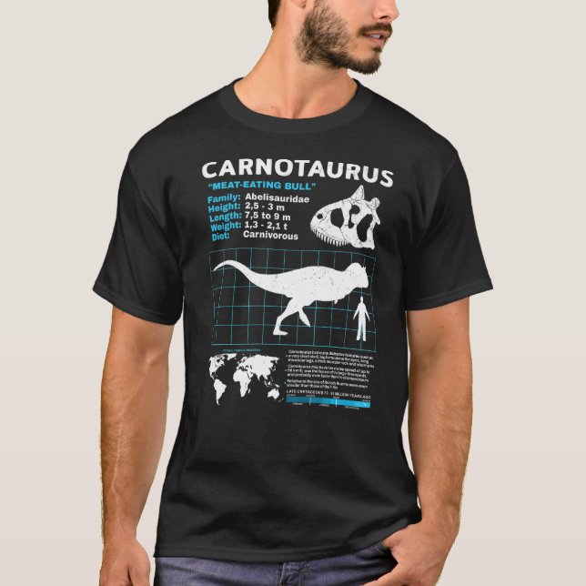 Camiseta Folha de fatos Carnotaurus Fatos de Dinossauro Prê (Frente)