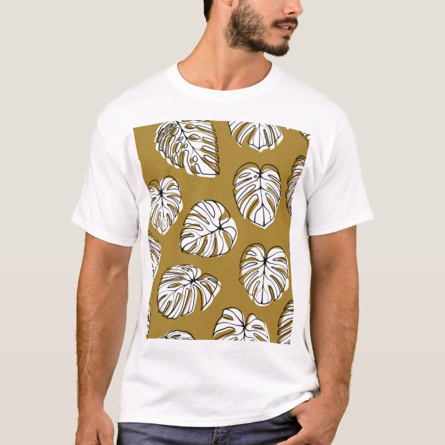 Camiseta Folha de Monstera, Padrão Sem Olho Têxtil. (Frente)