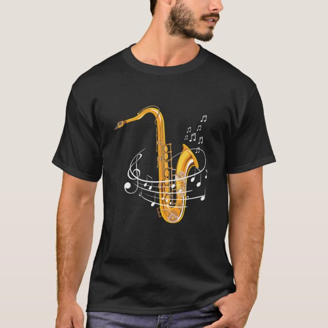 Camiseta Folha de Saxofone Notas de Lenha Saxofone Reed Woo (Frente)