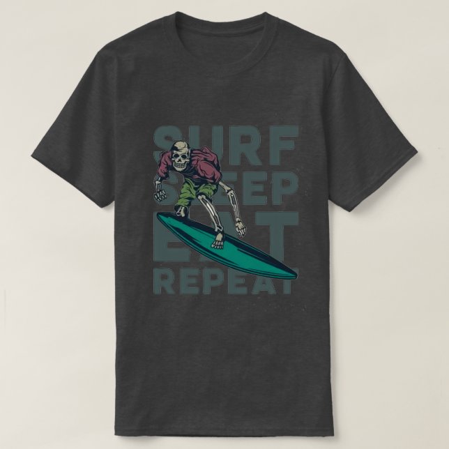 CAMISETA FOLHA DE SURF DE ESQUELETO COMER REPETIR (Frente do Design)