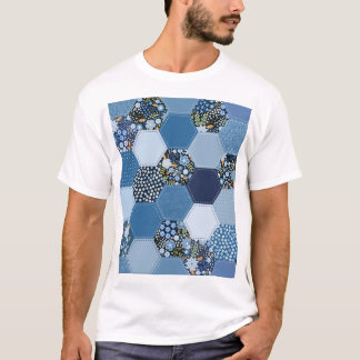Camiseta Folha floral, colagem de denim: padrão azul.