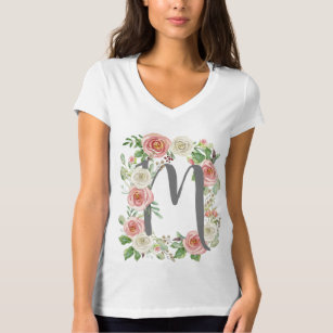 Camiseta Folha floral do rosa da aguarela da letra M do