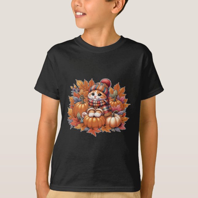 Camiseta Folhas de gato-outono-gato-gato-amante-do-gato-do- (Frente)
