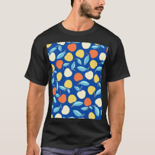Camiseta Folhas de maçãs, fundo azul, padrão sem costura.