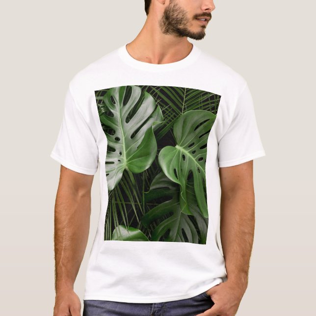 Camiseta Folhas de Monstera, layout tropical de luxo. (Frente)
