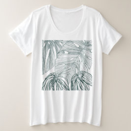 Camiseta folhas de monstera verde-escura e lírios contorno